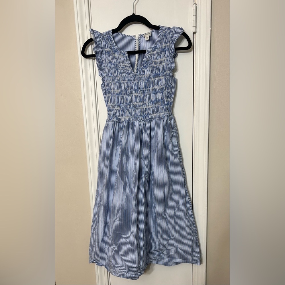 JCrew Blue Striped Smocked Midi Dress